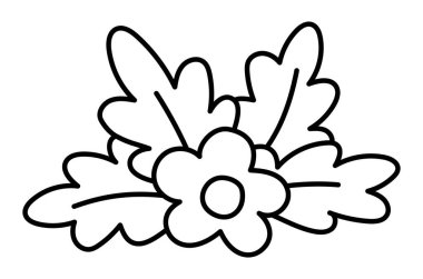 Vektör siyah-beyaz karikatür çiçek kırpması. Ormanlık ya da bahçe dekoratif bitki çizgisi simgesi beyaz arka planda izole edilmiş. Orman doğası illüstrasyon, boyama sayfası. Basit soyut çiçekli resim