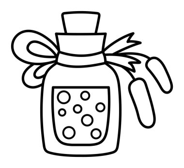 Siyah beyaz kamış sihirli iksir ikonu. İksirli ya da biralı şirin cam kavanoz. Orman prensesi ya da cadı soyu klipsi. Fantezi orman illüstrasyonu, boyama sayfası. Sihirli peri masalı drin