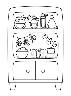 Siyah ve beyaz taşıyıcı peri dolabı. Tatlı büfe, kız iksirleri, mantarlar, büyü kitabı. Çamaşır ipli Woodland Prensesi dolabı. Fantezi mutfak çizimi, boyama bezi