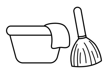 Kumaş ve süpürge çizgili siyah ve beyaz leğen. Süpürge sapı ya da paspasla şirin bir ev temizleme eşyası. Peri evi çizimi, boyama sayfası. Sihirli ya da peri masalı gibi