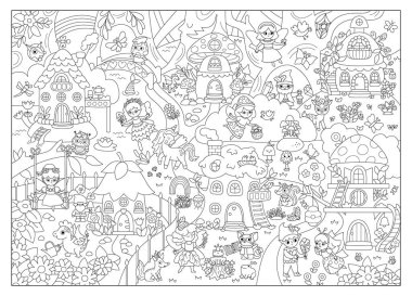 Vektör siyah ve beyaz peri ülkesi geçmişi. Tatlı peri arazisi. Ağaçlarla, ağaç evlerle, hayvanlarla dolu bir orman manzarası. Fantezi ormanı çizimi, boyama sayfası. Peri masalı resmi