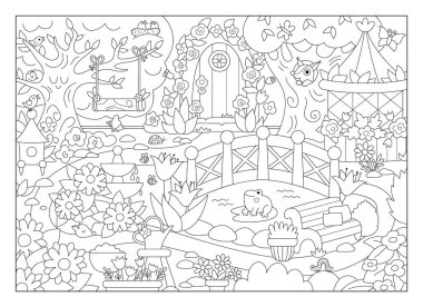 Vektör boş siyah beyaz bahçe arka planı. Peri masalı küçük prenses arka bahçe manzarası. Çeşmeli, havuzlu, banklı sihirli meyve bahçesi manzarası. Fantezi sahne çizimi, boyama bezi