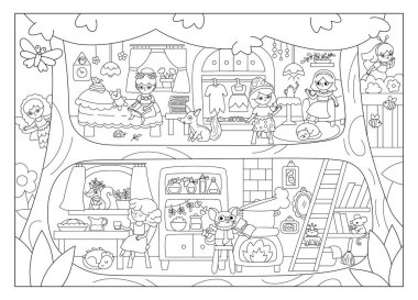 Şirin kızlarla dolu siyah beyaz meşe palamudu evi geçmişi. Woodland Prensesi iç mekan. Fantezi orman hattı sahnesi. Sihirli masal ağaç evi manzarası, renkli pag