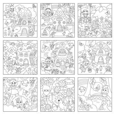 Vektör siyah ve beyaz kare periler diyarı oluşturuldu. Şirin bir ev telefonu koleksiyonu. Sihirli prensesi, ağaç evini, hayvanları olan orman manzarası. Fantezi orman boyama geçidi