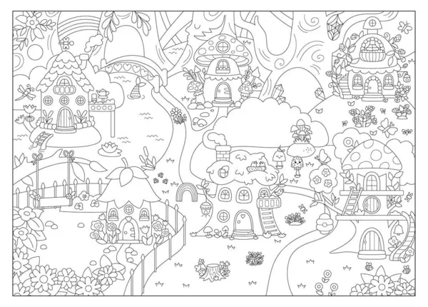 Siyah-beyaz vektör, boş peri ülkesi geçmişi. Çizgi perisi arazisi. Ağaçlarla, ağaç evlerle, hayvanlarla dolu bir orman manzarası. Fantezi orman sahnesi illüstrasyonu. Sihir ya da masal renklendirme geçidi