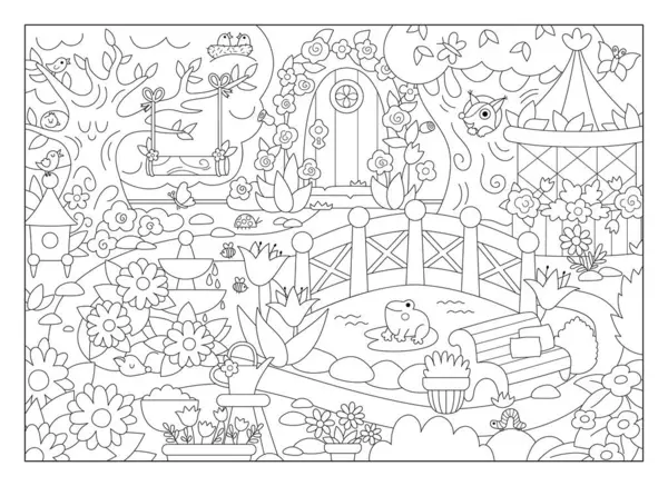 Vektör boş siyah beyaz bahçe arka planı. Peri masalı küçük prenses arka bahçe manzarası. Çeşmeli, havuzlu, banklı sihirli meyve bahçesi manzarası. Fantezi sahne çizimi, boyama bezi