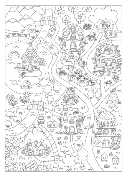 Vektör siyah ve beyaz peri ülkesi haritası. Tatlı peri arazisi. Ağaç evleri, ejderhalar, yollar, köprüler, nehirler olan orman manzarası. Fantezi orman çizgisi sahne illüstrasyonu, boya bezi