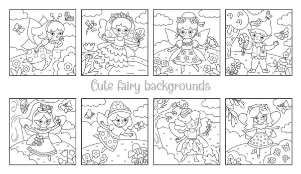 Vektör siyah beyaz kare peri arkaplan ayarlandı. Peri arazisi koleksiyonu. Çayırlı, çiçekli, sihirli prensesi olan şirin bir manzara. Fantezi doğa sahnesi illüstrasyonu, boyama bezi