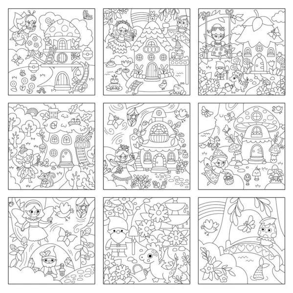 Vektör siyah ve beyaz kare periler diyarı oluşturuldu. Şirin bir ev telefonu koleksiyonu. Sihirli prensesi, ağaç evini, hayvanları olan orman manzarası. Fantezi orman boyama geçidi