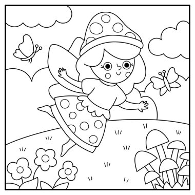 Siyah beyaz arka plan ve mantar perisi. Peri Diyarı manzara çizimi. Sihirli prensesle güzel manzara, çayır. Fantezi doğa sahnesi illüstrasyonu, boyama bezi