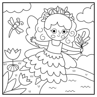 Bataklık perisi olan siyah beyaz bir vektör. Peri arazisi çizimi. Kanatları ve gölü olan sihirli prensesi olan şirin bir manzara. Fantezi doğa sahnesi illüstrasyonu, boyama bezi