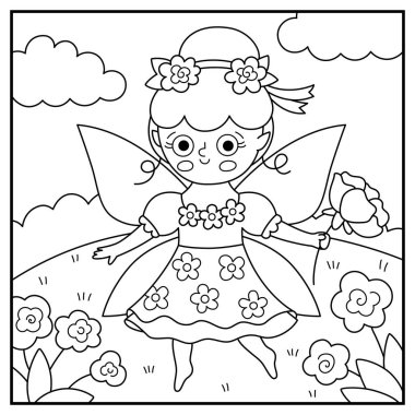 Çiçek perisi olan siyah beyaz bir vektör. Peri arazisi çizimi. Sihirli prensesi olan şirin bir manzara, çayırlı, gökyüzü. Fantezi doğa sahnesi illüstrasyonu, boyama bezi