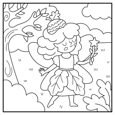 Meşe palamudu perisi olan siyah beyaz bir vektör. Peri arazisi çizimi. Sihirli prensesi, çayırı ve gökyüzü olan şirin bir manzara. Fantezi doğa sahnesi illüstrasyonu, boyama bezi