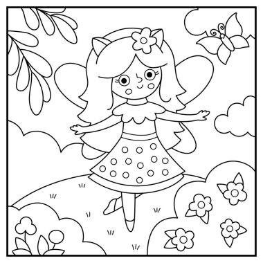 Geyik perili siyah beyaz arka plan. Peri Diyarı manzara çizimi. Sihirli prensesle manzara, çayır, gökyüzü. Fantezi doğa sahnesi illüstrasyonu, boyama bezi