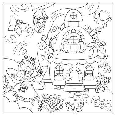 Çilek perisi, çilek evi olan siyah-beyaz vektör perisi. Sihirli sabit hat manzarası. Prensesle Woodland manzarası. Fantezi orman sahnesi illüstrasyonu, boya bezi