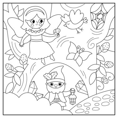 Siyah-beyaz peri masalı arka planı olan bir vektör, cüce. Sihirli sabit hat manzarası. Prensesle Woodland manzarası. Fantezi orman sahnesi illüstrasyonu, boya bezi