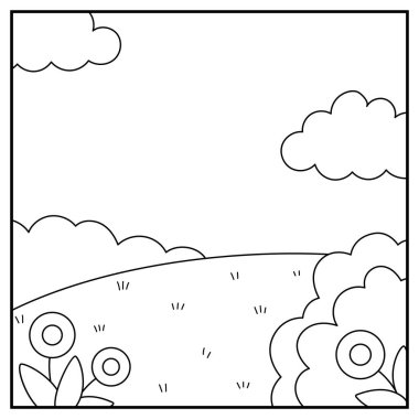 Vektör siyah ve beyaz kare doğa geçmişi. Ülke, çiftlik ya da köy manzarası. Çayırı, ağacı, çalıları, gökyüzü, çiçekleri olan şirin bir manzara. Orman ya da orman manzarası çizimi, boyama bezi