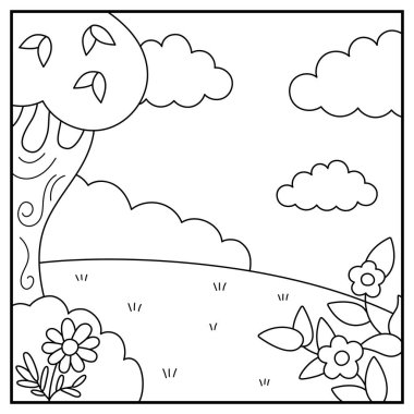 Vektör siyah ve beyaz kare doğa geçmişi. Ülke, çiftlik ya da köy manzarası. Çayırı, ağacı, çalıları, gökyüzü, çiçekleri olan şirin bir manzara. Orman ya da orman manzarası çizimi, boyama bezi