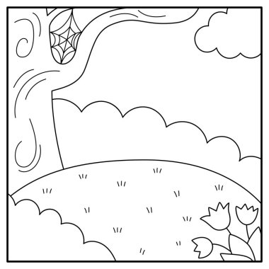 Vektör siyah ve beyaz kare doğa geçmişi. Ülke, çiftlik ya da köy manzarası. Çayırı, ağacı, çalıları, gökyüzü, çiçekleri olan şirin bir manzara. Orman ya da orman manzarası çizimi, boyama bezi