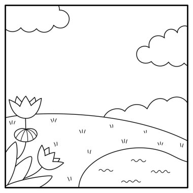 Vektör siyah ve beyaz kare doğa geçmişi. Ülke, çiftlik ya da köy manzarası. Çayırı, ağacı, çalıları, gökyüzü, çiçekleri olan şirin bir manzara. Orman ya da orman manzarası çizimi, boyama bezi