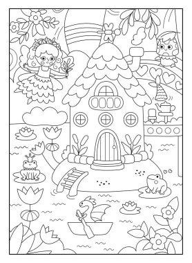 Bataklık perisi evi olan, dikey ve siyah vektör periler diyarı. Sihirli sabit hat manzarası. Prenses, büyülü orman, nehir, köprü, kurbağa olan orman manzarası. Fantezi sahnesi