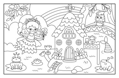 Siyah beyaz peri, deniz kızı evi ve sazlıklar olan vektör perisi. Sihirli sabit hat manzarası. Prensesle Woodland manzarası. Fantezi orman sahnesi illüstrasyonu, boya bezi