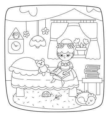 Yatak odasındaki bir yatağın üzerinde peri kitabı olan siyah-beyaz bir sahne. Kızla çizgi kompozisyonu. Büyülü prensesin rahat ağaç evinde olduğu hoş bir manzara. Fantezi sahne çizimi, boyama bezi