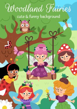 Orman perileriyle vektör dikey sahne. Peri Diyarı çizimi. Tatlı bir geçmiş ya da büyülü orman yaratıkları olan çocuklar için kitap kapağı. Komik peri masalı sahnesi