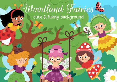 Orman perileriyle vektör yatay sahne. Peri Diyarı çizimi. Tatlı bir geçmiş ya da büyülü orman yaratıkları olan çocuklar için kitap kapağı. Komik peri masalı sahnesi