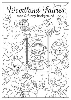 Orman perilerinin olduğu siyah beyaz bir sahne. Peri arazisi çizimi. Geçmişi, boyama sayfası, sihirli orman yaratıkları olan çocuklar için kitap kapağı. Komik peri masalı sahnesi