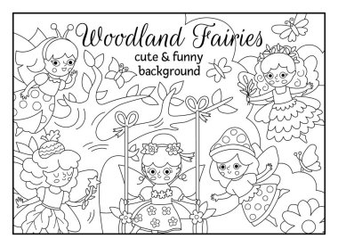 Orman perilerinin olduğu siyah beyaz bir sahne. Peri arazisi çizimi. Geçmişi, boyama sayfası, sihirli orman yaratıkları olan çocuklar için kitap kapağı. Komik peri masalı sahnesi