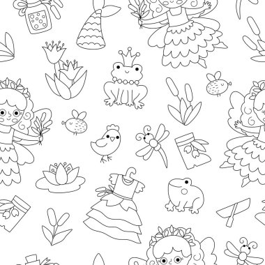 Siyah ve beyaz taşıyıcı bataklık perisi kusursuz desen. Kızla arka planı tekrarla. Orman prensesi dijital kâğıdı. Fantezi ormanı, sihirli bahçe boyama sayfası peri masalı yaratıcısı