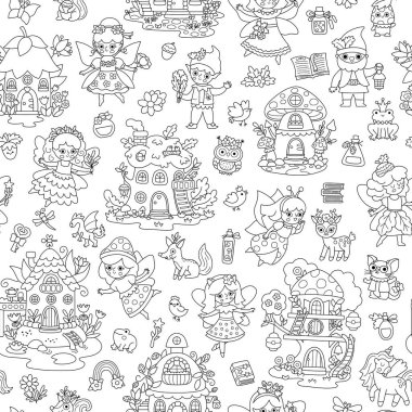 Siyah ve beyaz vektör, kusursuz desen. Kızla aynı özgeçmişi paylaşman çok hoş. Orman prensesi dijital kâğıdı. Fantezi ormanı, sihirli bahçe boyama sayfası Elf, cüce, ev ile