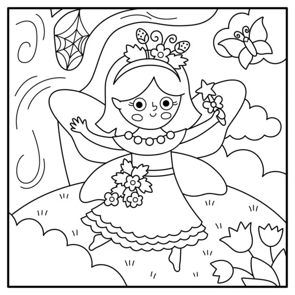 Böğürtlen perili siyah beyaz bir vektör. Peri Diyarı manzara çizimi. Sihirli prensesle manzara, çayır, gökyüzü. Fantezi doğa sahnesi illüstrasyonu, boyama bezi