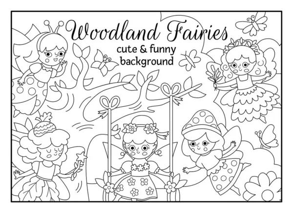 Orman perilerinin olduğu siyah beyaz bir sahne. Peri arazisi çizimi. Geçmişi, boyama sayfası, sihirli orman yaratıkları olan çocuklar için kitap kapağı. Komik peri masalı sahnesi