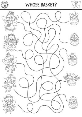 Orman perileri, böğürtlen, mantar, meşe palamudu ve çiçekli sepetleri olan çocuklar için siyah beyaz labirent. Peri masalı, okul öncesi basılabilir aktivite, boyama sayfası. Sihirli orman labirenti oyunu, bulmaca