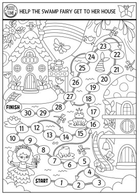 Orman perisi, sihirli orman geçmişi olan siyah-beyaz zar oyunu. Masal prensesi masa oyunu, boyama sayfası, aktivite, çocuklar için basılabilir çalışma tablosu. Bataklık kızının eve gitmesine yardım et.