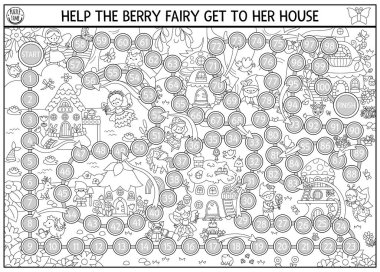 Orman perisi, sihirli orman geçmişi olan siyah-beyaz zar oyunu. Peri masalı borda oyunu. Masaüstü aktivitesi, basılabilir çalışma kâğıdı, çilek kızlı çocuklar için boyama sayfası, ev