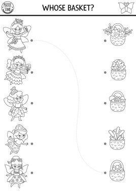 Orman perisi siyah-beyaz eşleştirme aktivitesi tatlı kızlarla ve sepetli böğürtlen, mantar, meşe palamudu, çiçek, sazlıklar. Peri masalı prenses bulmacası, boyama sayfası. Nesne oyununu eşleştir