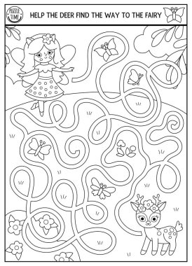 Geyikli çocuklar için siyah-beyaz labirent peri, sihirli orman ya da çiçek çayırlarına gidiyor. Peri masalı, basılabilir etkinlik, boyama sayfası. Ormanlık labirent satırı oyunu, bulmaca