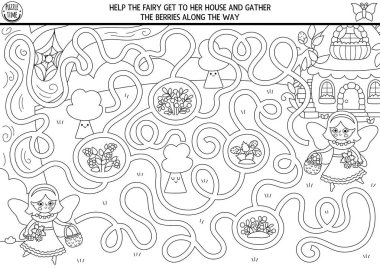Böğürtlen perisi, ev, sihirli orman ve orman manzaralı çocuklar için siyah-beyaz labirent. Peri masalı prensesi, tatlı kızlarla okul öncesi basılabilir aktiviteler. Labirent oyunu, bulmaca, renklendirme sayfası