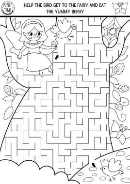 Ağaç şeklinde geometrik labirenti olan çocuklar için siyah beyaz labirent. Peri masalı basılabilir aktivite, boyama sayfası. Labirent oyunu, sihirli manzaralı bulmaca, kız besleyen kuş.