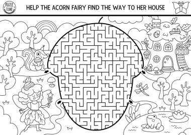 Palamut şeklinde geometrik labirenti olan çocuklar için siyah beyaz labirent. Peri masalı, basılabilir etkinlik, boyama sayfası. Labirent oyunu, ağaç evle bulmaca, sihirli manzara