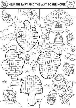 Çocuklar için siyah-beyaz labirent. Mantar, meşe palamudu, ağaç, yaprak şeklinde geometrik labirentler. Peri masalı prenses basılabilir aktiviteleri, renkli sayfalar. Labirent oyunu, sihirli orman bulmacası