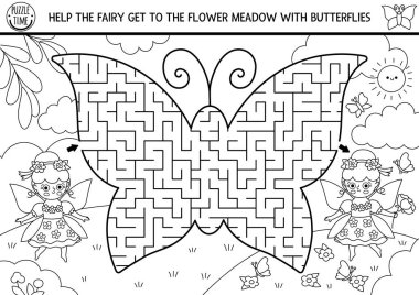 Kelebek şeklinde geometrik labirenti olan çocuklar için siyah beyaz labirent. Peri masalı, basılabilir prenses aktivitesi. Labirent oyunu, bulmaca, sihirli ormanlı boyama sayfası, kız, çiçek çayırı
