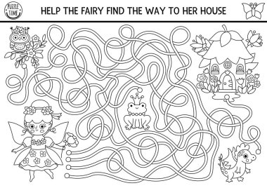 Çiçek perisi olan çocuklar için siyah beyaz labirent. Peri masalı, basılabilir etkinlik, boyama sayfası. Sihirli orman, ormanlık labirent oyunu, ejderhalarla bulmaca, kurbağa prens, baykuş