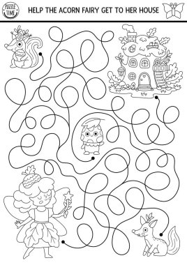 Evine giden meşe palamudu perisi çocuklar için siyah beyaz labirent. Peri masalı, basılabilir etkinlik, boyama sayfası. Sihirli orman, ormanlık labirent oyunu, sincap, tilki, mantar bulmacası