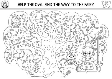 Ormanlık ya da çiçek perisi olan çocuklar için siyah beyaz labirent. Ağaç taç şeklinde bir labirent. Peri masalı basılabilir aktivite, boyama sayfası. Sihirli orman labirenti oyunu, baykuş ve prensesle bulmaca