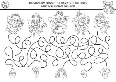 Orman perileri ve fare hediyeleri olan çocuklar için siyah-beyaz labirent. Peri masalı prenses anaokulu basılabilir aktivitesi, boyama sayfası. Sihirli orman labirenti oyunu, hediyeli bulmaca, meşe palamudu