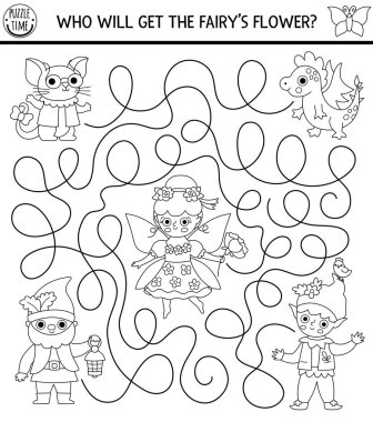 Peri çiçeğini cüceye, elf 'e, ejderhaya, fareye veren çocuklar için siyah-beyaz labirent. Peri masalı, basılabilir etkinlik, boyama sayfası. Sihirli orman, ormanlık labirent hattı oyunu, bulmaca